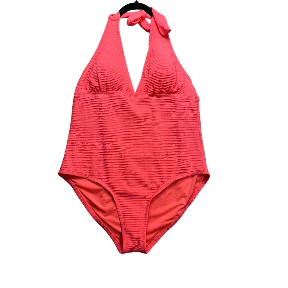 Sol Borne One Piece Swimsuit Womens 1X Coral Pink New Textured Halter‎ Neck